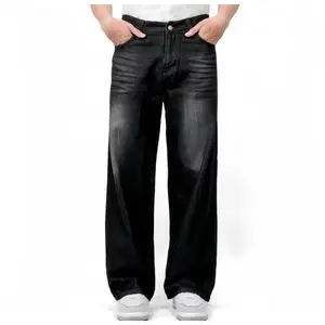 Celana Jeans wide leg gombrong Wisker Think Retro Panjang Pria Muda Slim Hitam Fit Light Stretch Denim