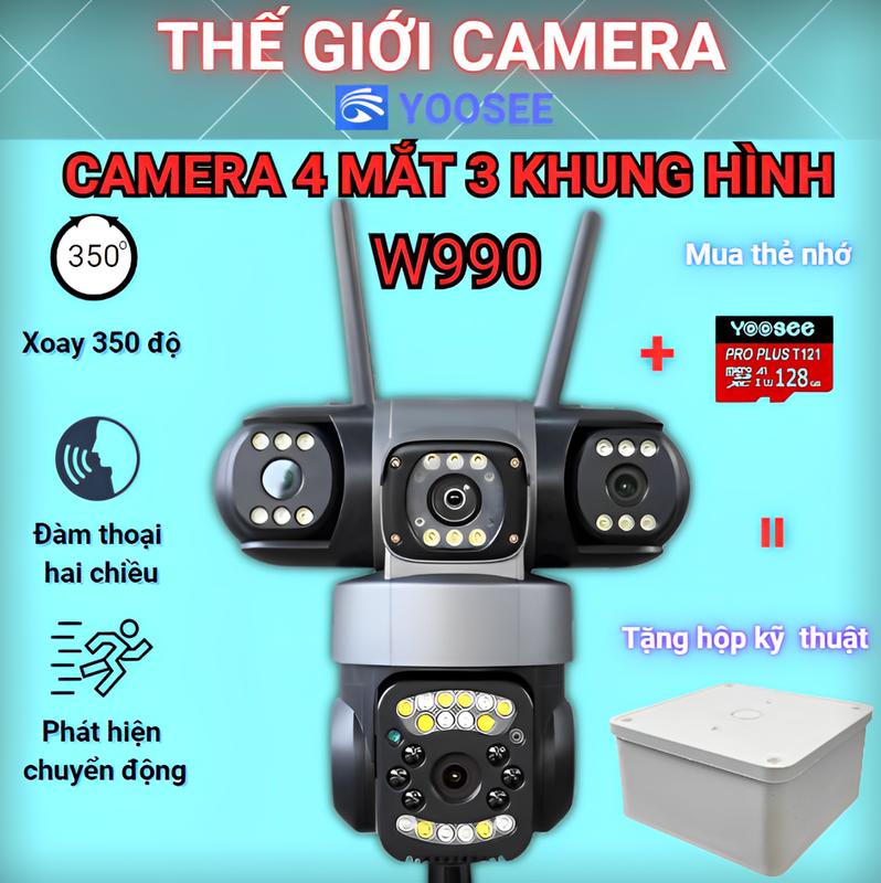 Mẫu mới 2025 Tặng HKT khi Mua Cam kèm thẻ nhớ CAMERA WIFI YOOSEE W990 4 MẮT 3 MÀN HÌNH NGOÀI TRỜI CHÔNG NƯỚC - XOAY 360 - ĐÀM THOẠI 2 CHIỀU - QUAY ĐÊM CÓ MÀU