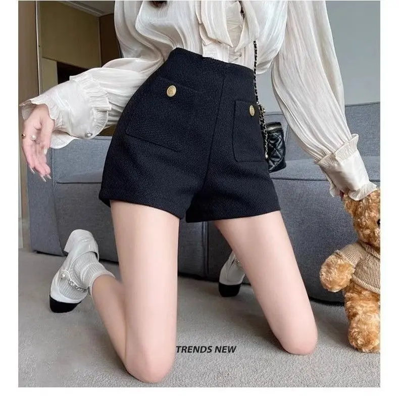 Quần Soóc Nữ, Cạp Cao, Ôm Vừa Vặn, Thiết Kế Chữ A, Quần Short Nóng Bỏng, Co Giãn, Đồ Trang Trí Dây Buộc, Thích Hợp Cho Mùa Thu Và Mùa Đông, Hàng Mới Về Women Pants Màu Đen