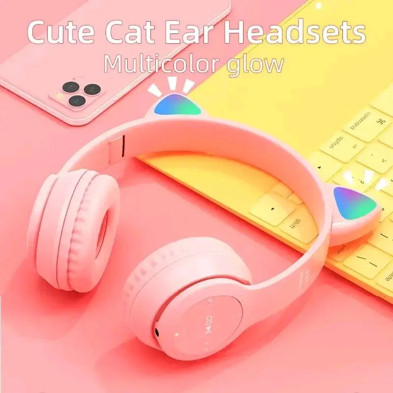 Termurah Headphone Bluetooth P47M RGB LED / Cute Cat Ear Wireless Audio Stereo Super Bass headset bando model kelinci Peredam Kebisingan 7