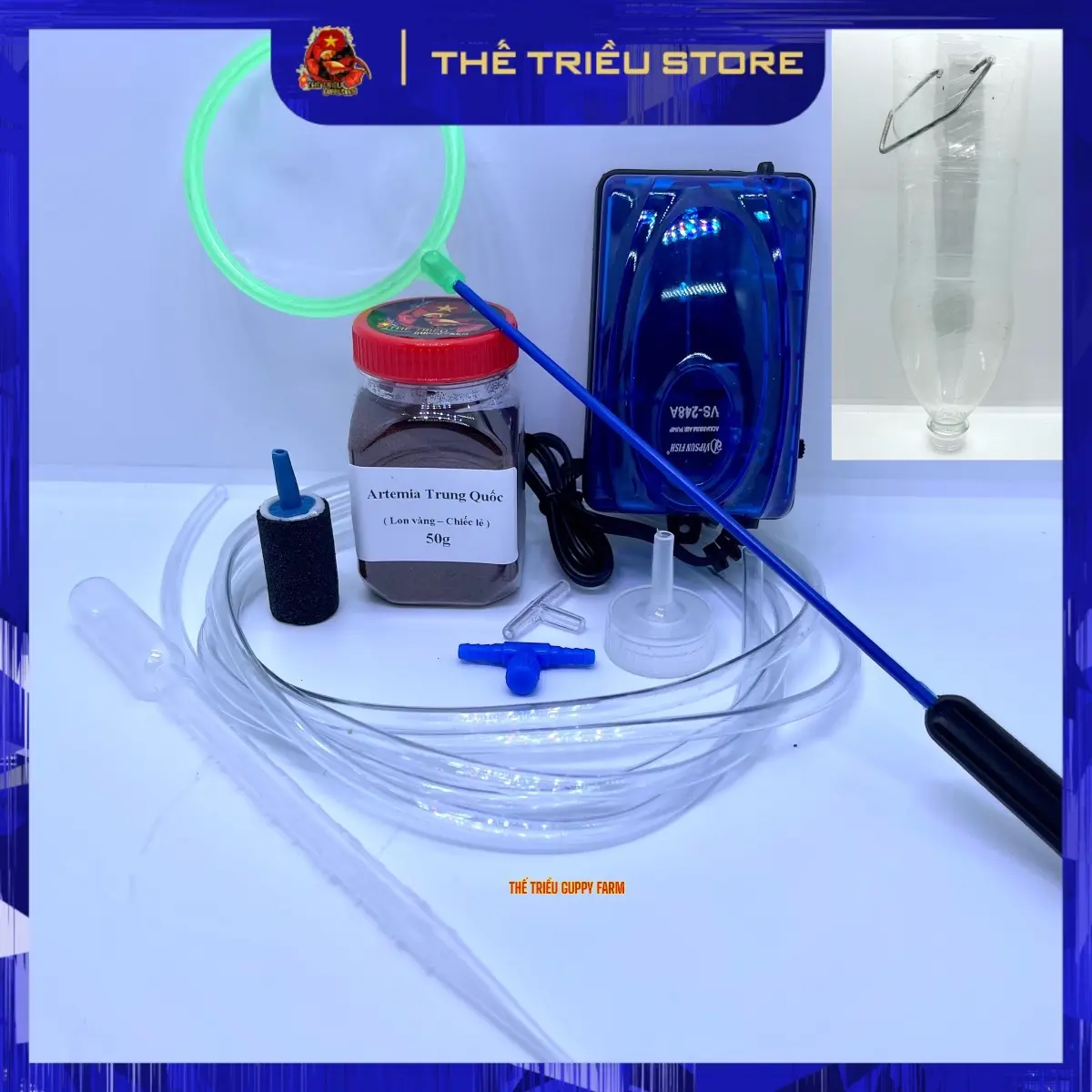 Combo full bộ sử dụng artemia 10 món + Máy sủi 1 vòi ( Máy sủi 1 vòi, Artemia 50g , Dây oxi, Van tăng giảm oxi, T chia oxi, Đá sủi, Bình ấp, Nắp bình ấp, Vợt nano, Ống hút )