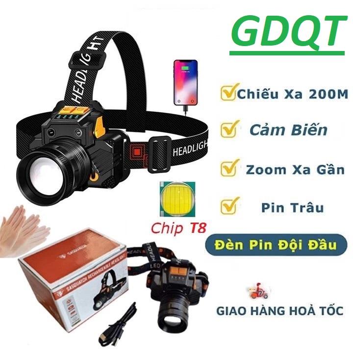 Đèn Pin Đội Đầu (T8) 1 bóng LED siêu sáng chiếu xa 200m, Cảm biến vẫy tay Zoom xa gần, chống thấm nước IPX6 (MAPGDQT)
