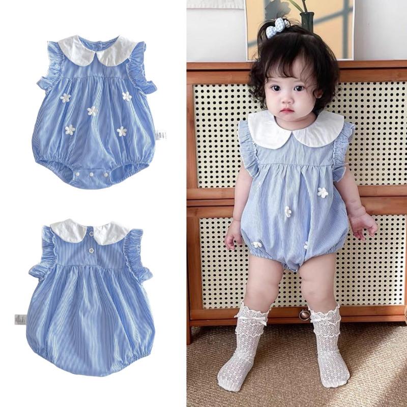 Áo Liền Quần Cho Em Bé Gái, Không Tay, Áo Liền Quần Mùa Hè, Họa Tiết Sọc, Áo Liền Quần Có Ve Áo, Thích Hợp Cho 0-2 Tuổi, Quần Áo Trẻ Sơ Sinh Và Trẻ Sơ Sinh, Quần Áo Trẻ Em, Áo Liền Quần