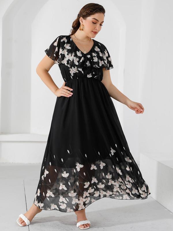 Plus Floral Print Ruffle Hem Flounce Sleeve Chiffon Long Dress, Summer Clothes Women, Casual V Neck Short Sleeve A Line Dress for Summer, Women's Clothes, Plus Size Women's Dresses 2