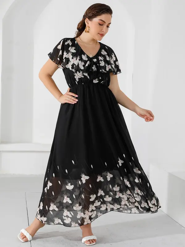 Plus Floral Print Ruffle Hem Flounce Sleeve Chiffon Long Dress, Summer Clothes Women, Casual V Neck Short Sleeve A Line Dress for Summer, Women's Clothes, Plus Size Women's Dresses 2