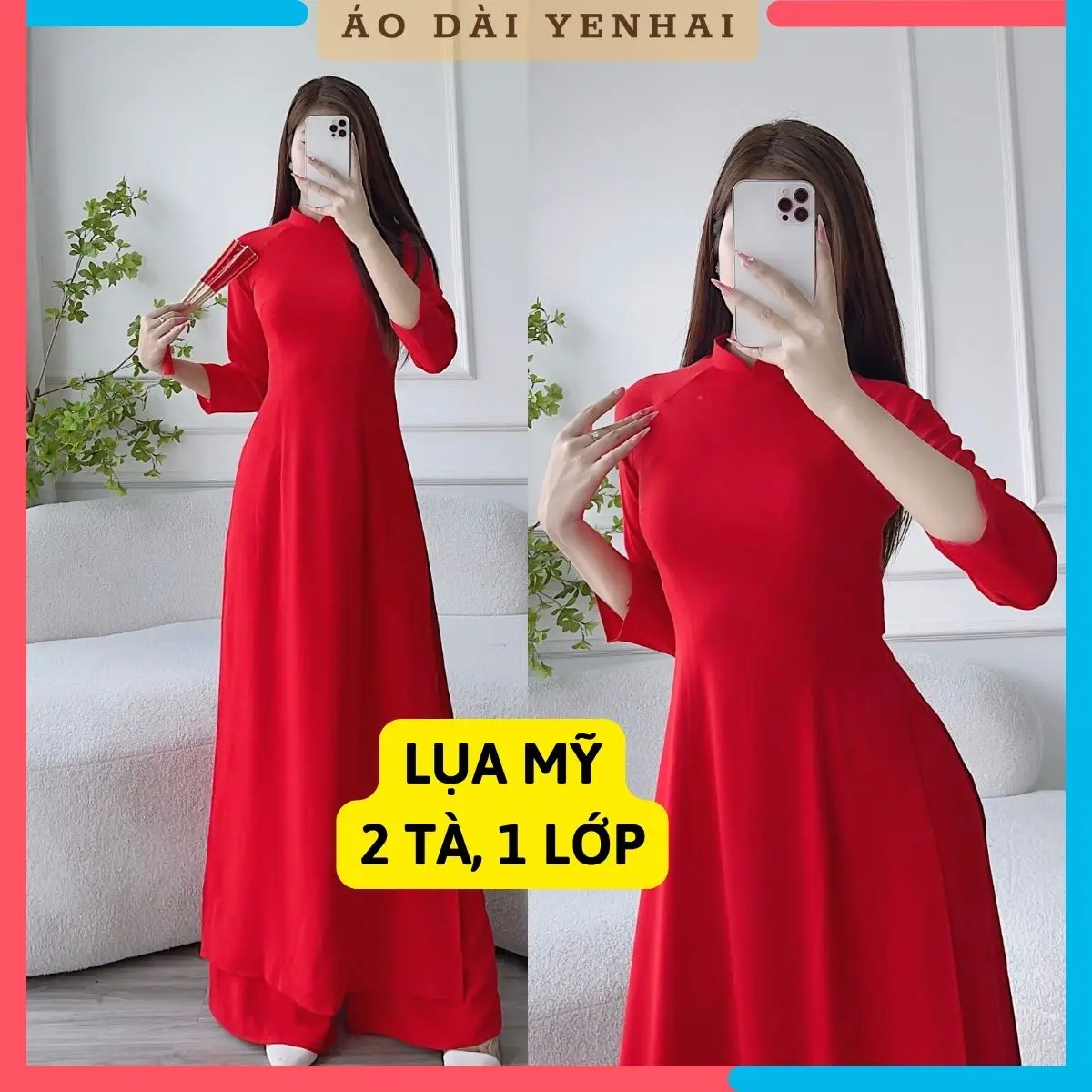 B6 - Áo dài truyền thống màu đỏ tươi thiết kế 2 tà chất lụa Mỹ