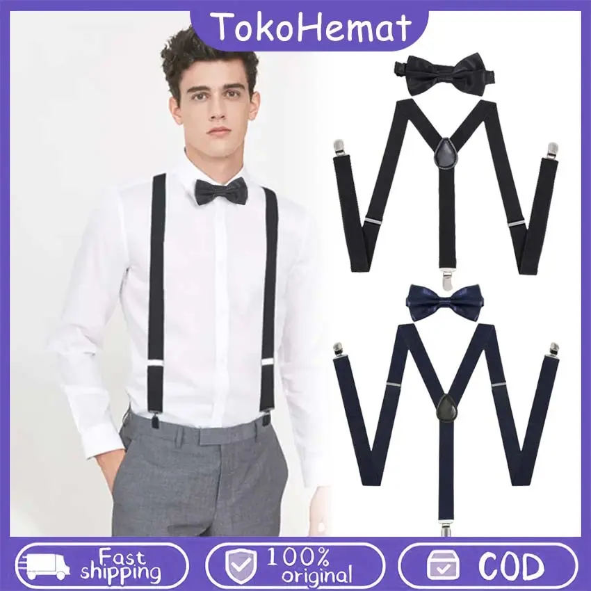 Suspender Tali Celana Kodok Pria - Set Adjustable Hitam untuk Formal/Kasual