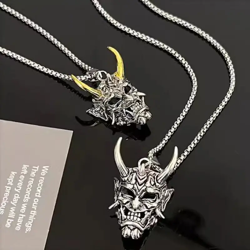 Topeng Prajna Vintage Gelap Kalung Baja Titanium Pria Tanduk Panjang Raja Kalung Stainless Steel 1
