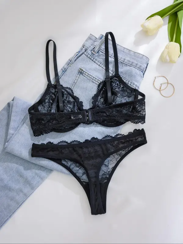 Women's Solid Color Underwire Lace Bra & Panty Two-piece Set, Soft Comfortable Breathable Lingerie Set, Lingerie Set for Women, Womenswear 1