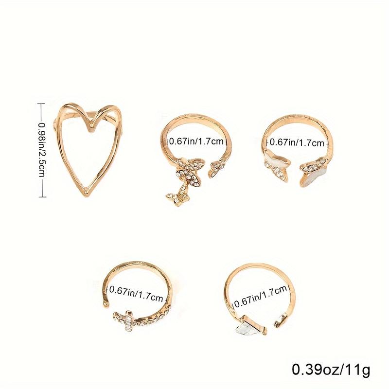 Product Introduction of 5pcs/set Random Rings Elegant Heart Butterfly Triangle Ring Alloy Rings Valentine's Day Gift 3