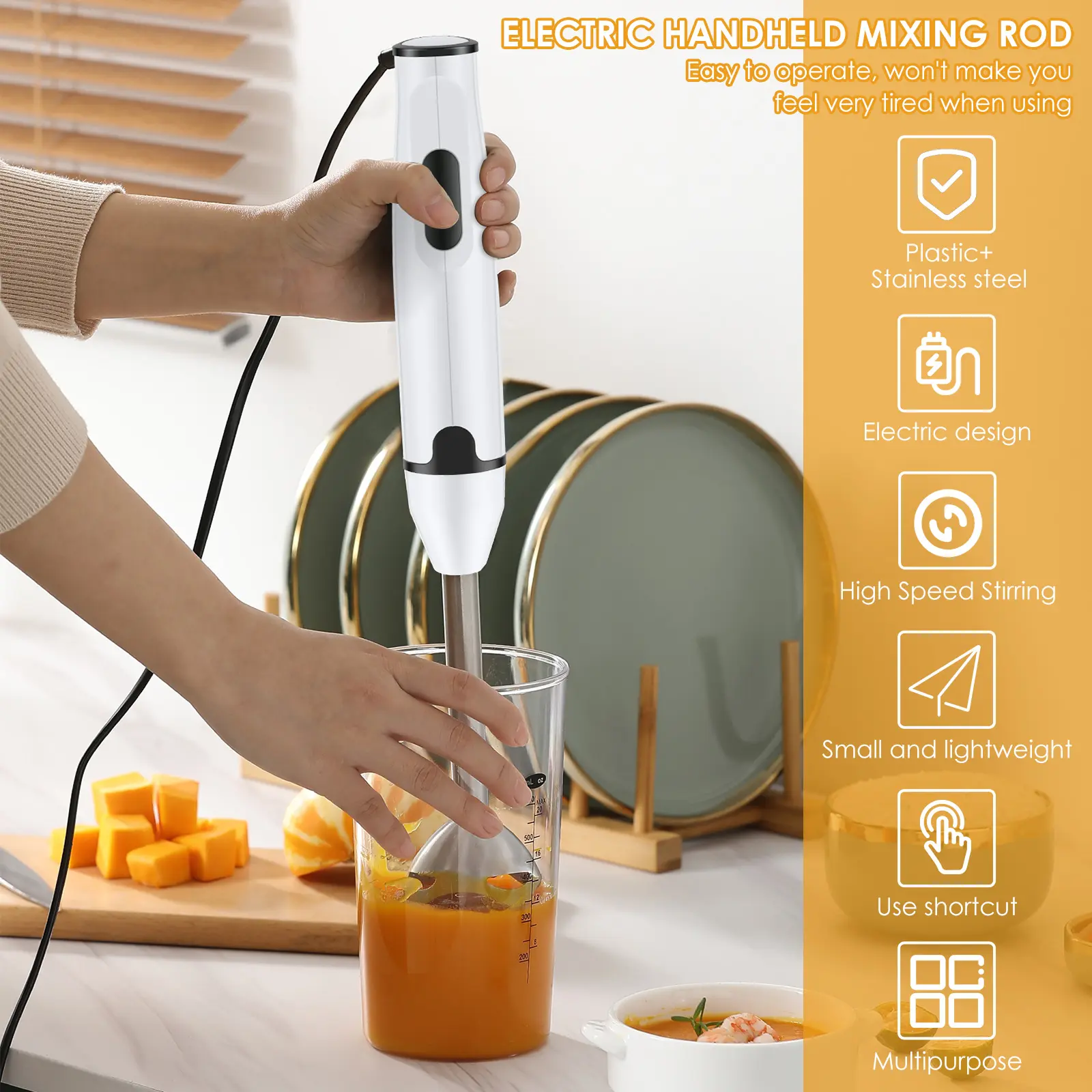 Immersion Blender Multifunctional Hand Blender Household Handheld Immersion Blender Electric Stick Blender Kitchen Gadget Blender Stick for Soup Smoothie Puree Sauce Juice V4Mr9