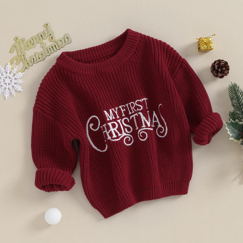 Baby Girls Christmas Knit Sweater Beige Long Sleeve Letter Print Pullover Knitwear 6