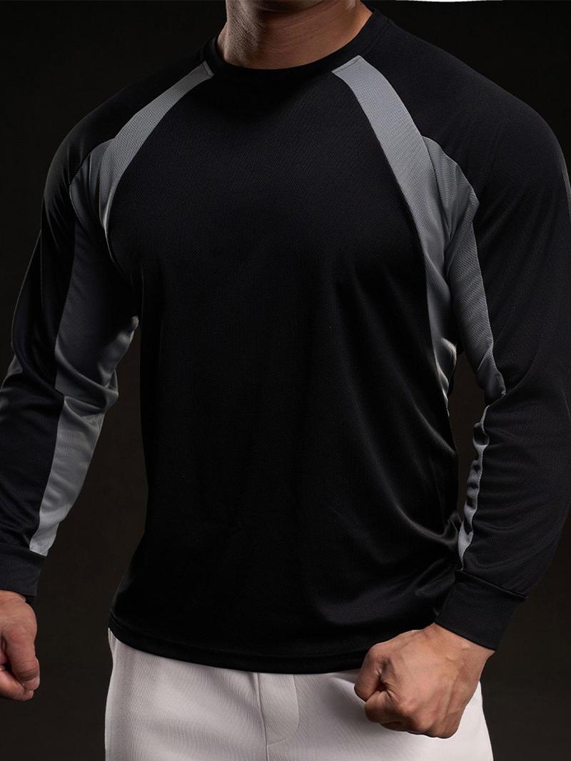 Product Introduction of Men's Colorblock Long Sleeve Ice Silk Tee, Regular Fit Casual Round Neck Quick Drying T-shirt for Daily Wear, Men's Top for All Seasons 8