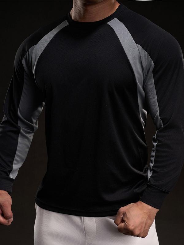 Men's Colorblock Long Sleeve Ice Silk Tee, Regular Fit Casual Round Neck Quick Drying T-shirt for Daily Wear, Men's Top for All Seasons 7