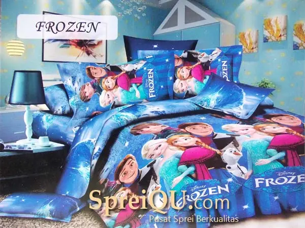 sprei set bantal dan guling motif karakter frozen high quality Karet Katun
