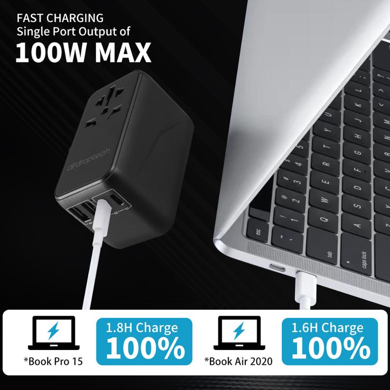 AIRDROPTECH GaN III PD 100W Universal Travel Adapter Wall Charger USB-A Type-C PD Fast Charging 5