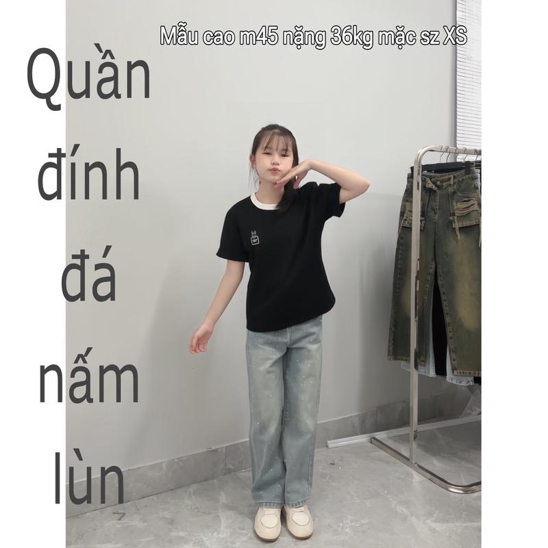 ( SUÔNG NẤM LÙN ) QUẦN JEANS NỮ ỐNG SUÔNG ĐÍNH ĐÁ ( dài 90cm ) dưới m53 mặc vừa quansuong namlun Pants Women