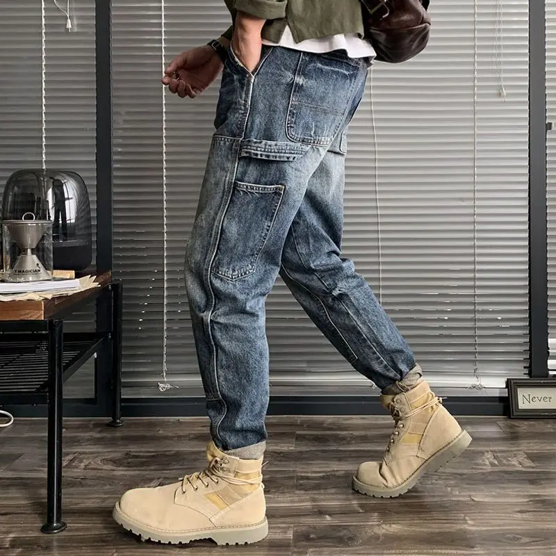 Autumn and Winter Fashion Brand Workwear Jeans Men's Loose plus Size Japanese-Style Retro Skinny Harem Trendy Straight Pants