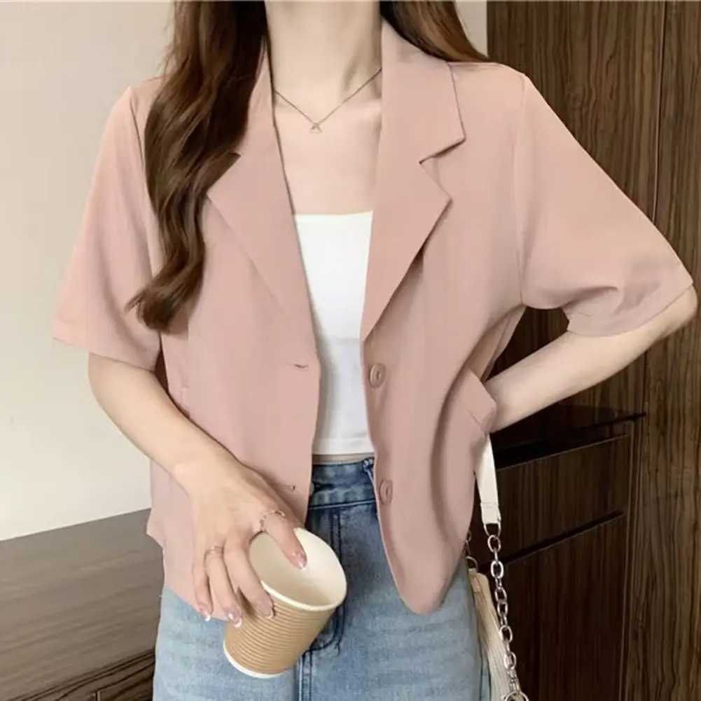 Áo Blazer Mùa Hè, Dành Cho Nữ, Phong Cách Đi Chơi Đơn Giản, Dáng Rộng Vừa Vặn, Phong Cách Hàn Quốc, Trẻ Trung, Một Hàng Cúc, Độ Đàn Hồi Trung Bình Làm Bằng Polyester, Tay Ngắn, Màu Trơn