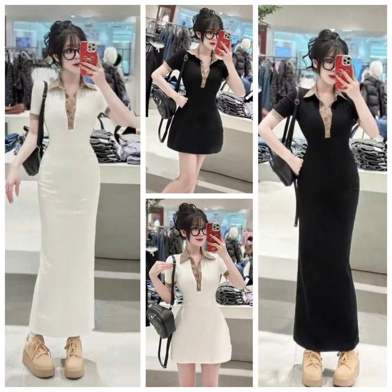 Đầm Body Thun Gân Dáng Ngắn Dài Tay Ngắn Cổ Trụ Hình V Phối Sọc Caro Đính Nút Ngực Đầm Đi Tiệc Đi Làm Đi Chơi Xinh Yêu Dễ Thương