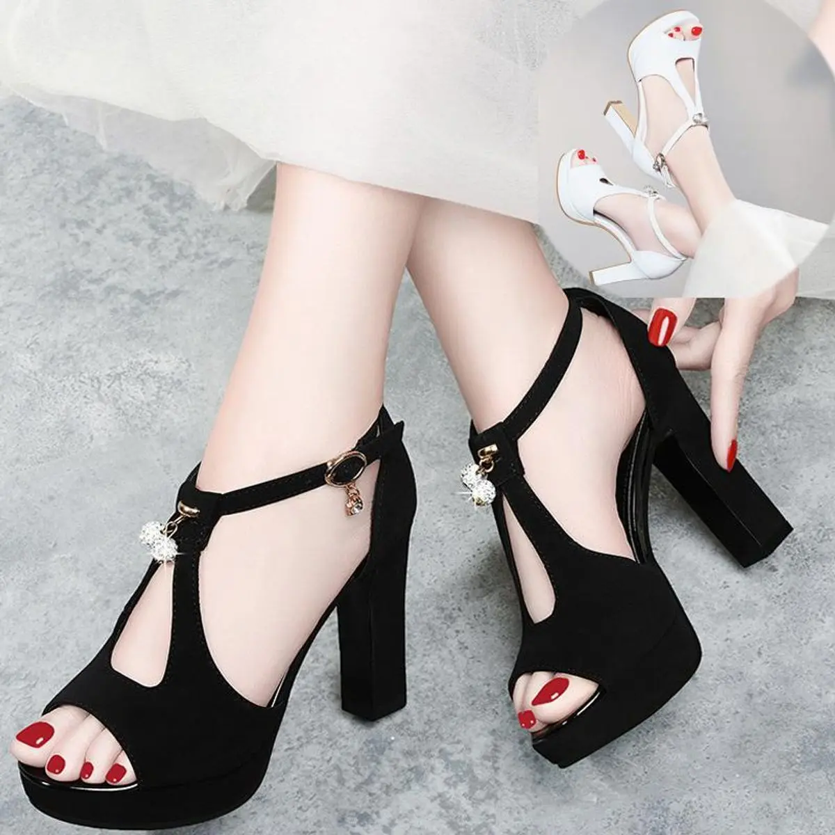 Giày cao gót vuông khoét kiểu hạt đá trang trí - CG98