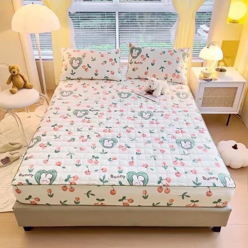 Bộ ga gối cotton đũi xơ đậu nành trần bông bo decor mềm mịn , đủ kích thước mẫu siêu xinh , có chun bọc nệm 15cm trở xuống
