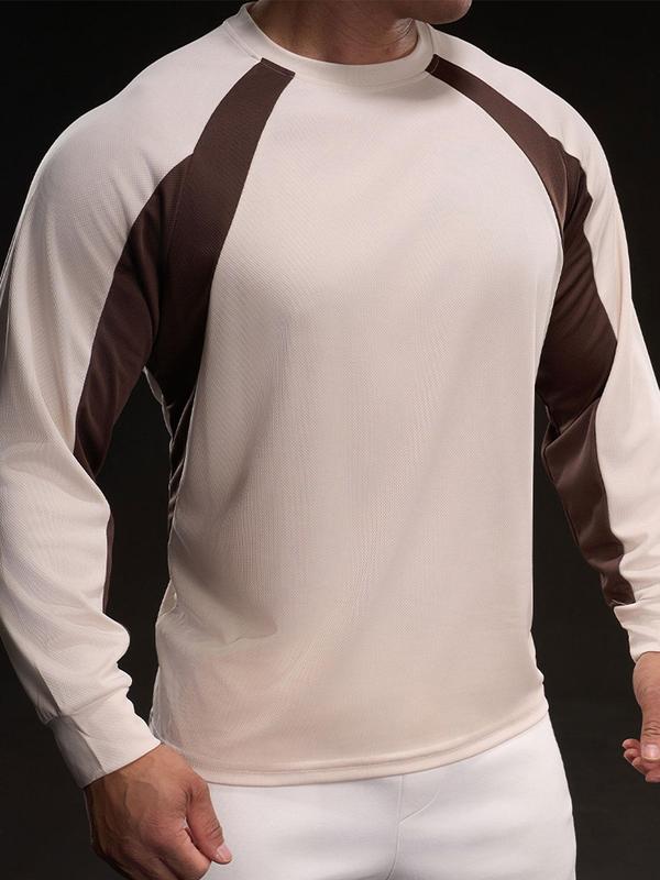 Men's Colorblock Long Sleeve Ice Silk Tee, Regular Fit Casual Round Neck Quick Drying T-shirt for Daily Wear, Men's Top for All Seasons 3