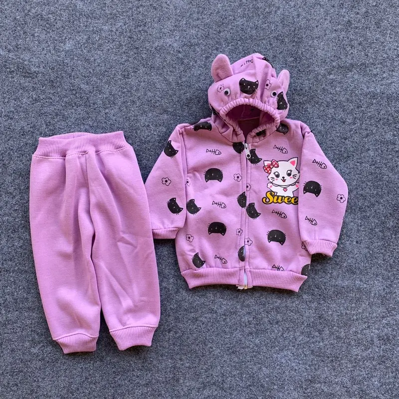 Setelan Jaket Hoodie Celana Bayi Anak Usia 0-1 Tahun Bahan Fleece Motif Sweet Cat Perempuan - Cream - Parsel, Fashion, Pakaian 4