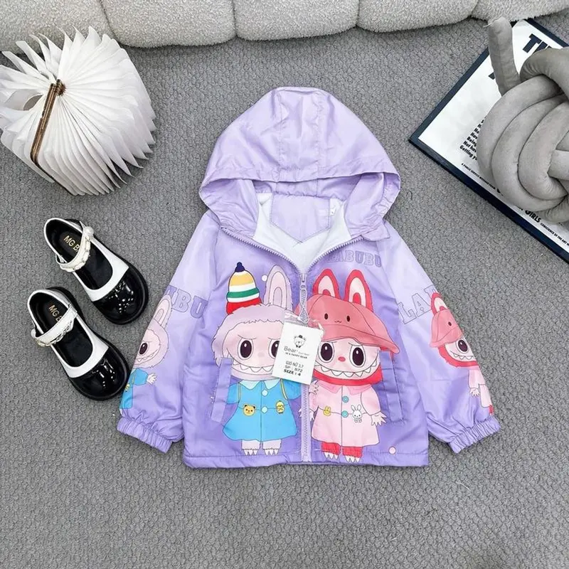 Áo Khoác Gió Labubu Cho Bé Gái 2 Lớp Lót Nỉ Có Mũ Size 13-23kg Ấm Áp Chống Nắng Chống Gió 5