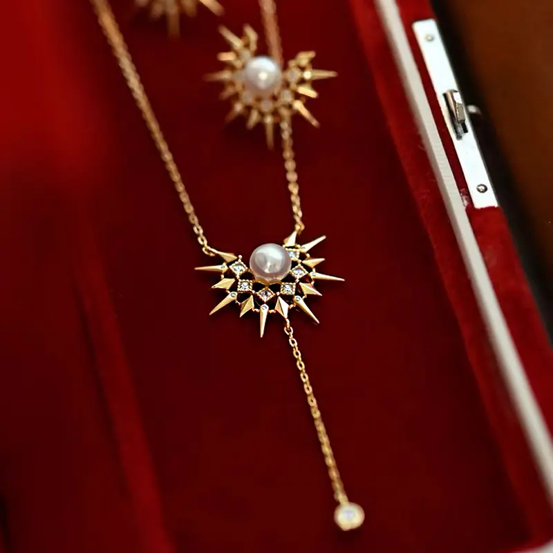 Kalung Mutiara Rumbai Bunga Matahari Kalung Wanita Vintage Prancis Premium