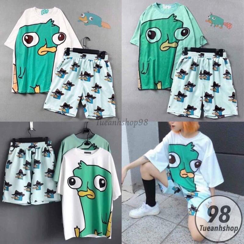 Bộ Đùi Cartoon VỊT PERY Hoạt Hình Áo 3D + Quần Short Lững TUEANHSTORE - Bộ Mặc Nhà Nam Nữ Unisex Freesize 38-68kg - Set Bộ Thun Cotton