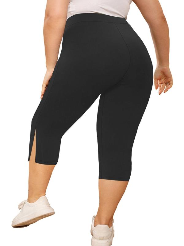 Plus Size Split Hem High Waist Capris Leggings, Casual Comfy Breathable Skinny Capris Pants for Yoga Gym Workout, Women's Bottoms for Summer, Summer Clothes, Womenswear 2