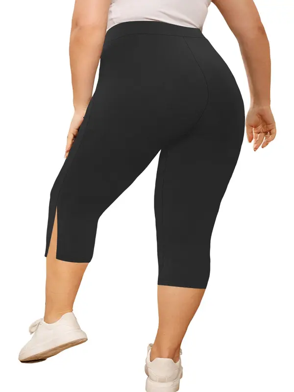 Plus Size Split Hem High Waist Capris Leggings, Casual Comfy Breathable Skinny Capris Pants for Yoga Gym Workout, Women's Bottoms for Summer, Summer Clothes, Womenswear 2