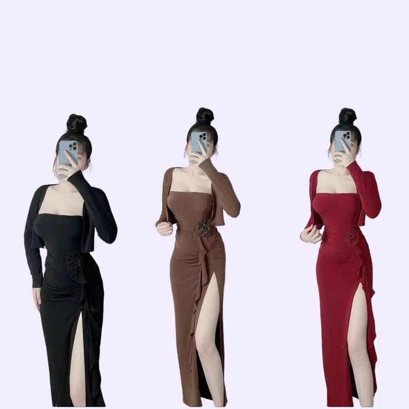 ĐẦM KÈM KHOÁC NGOÀI, ĐÍNH HOA, XẺ TÀ, CÓ MÚT NGỰC (40kg-55kg), chất thun ladong Kem Nữ Women Dress
