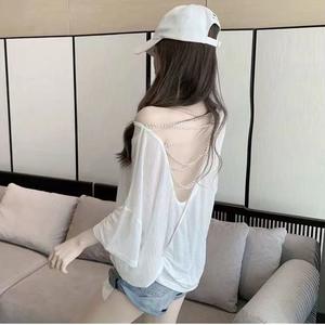 เสื้อยืด ไซส์ใหญ่ สำหรับสาวอ้วน เสื้อผ้ากันแดดผู้หญิง ซีทรู ฤดูร้อน ทรงหลวม ดีไซน์เปลือยหลังเซ็กซี่ เสื้อแขนสั้น Lady Clothing Women