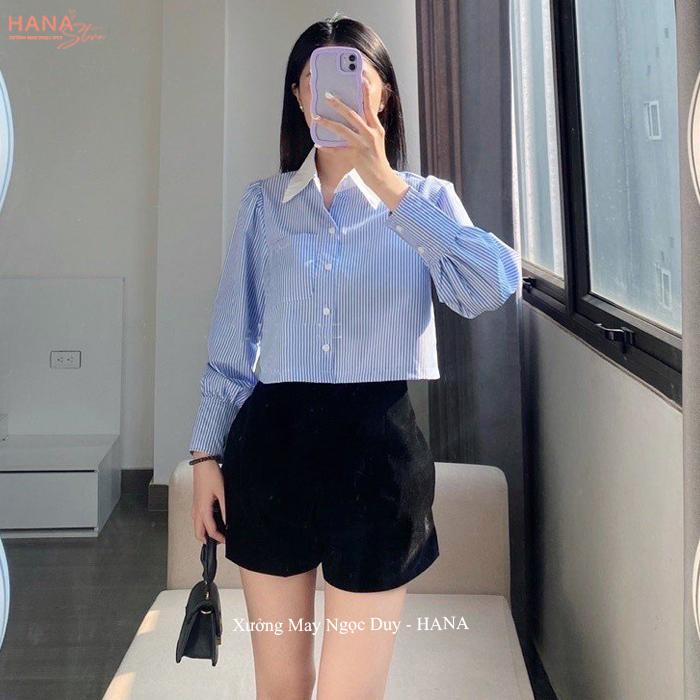 Áo sơ mi nữ kẻ sọc xanh cổ trắng tay dài phồng có túi trước ngực - Áo croptop nữ mặc đi học biển làm công sở hẹn hò tiệc điệu xinh