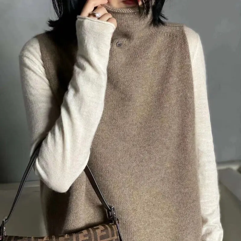 Cashmere Sweater Vest Vest Women's Fall and Winter New Arrival Turtleneck Buttons Sleeveless Tops Loose Slim Looking Wool Knitted Waistcoat