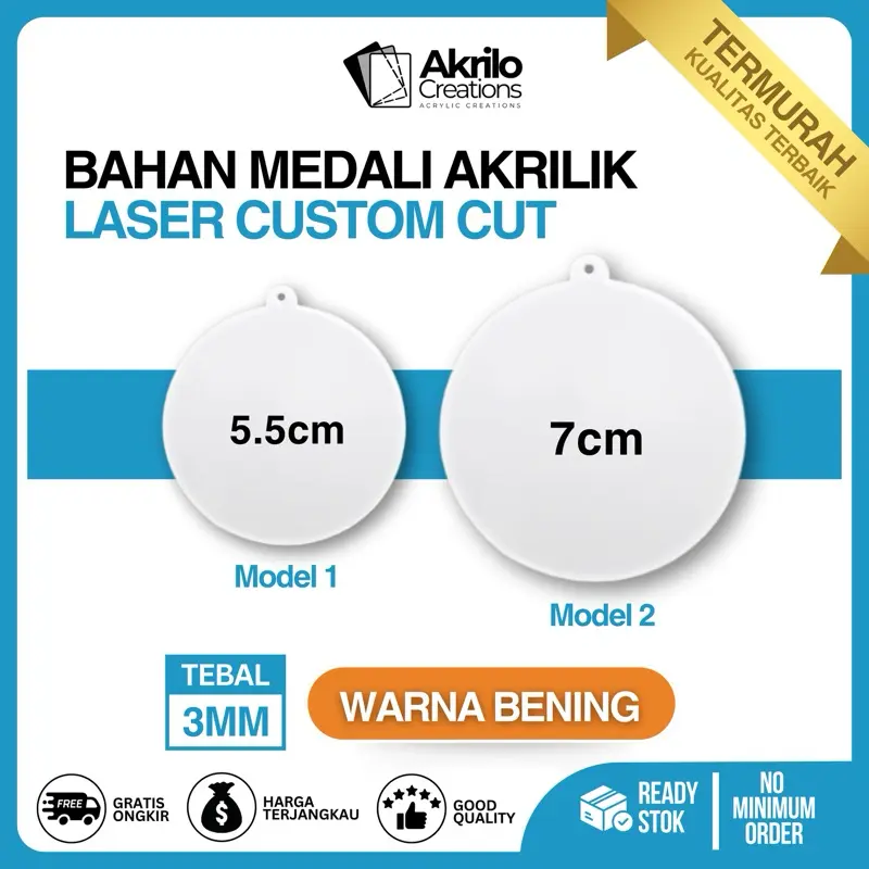 Medali akrilik 5.5cm tebal 3mm Bulat| Bening | Bahan medali