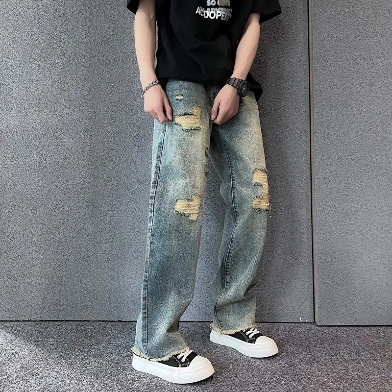 Jeans Men's Retro Distressed Fashion Brand Fried Street Fashion Straight Loose Raw Hem