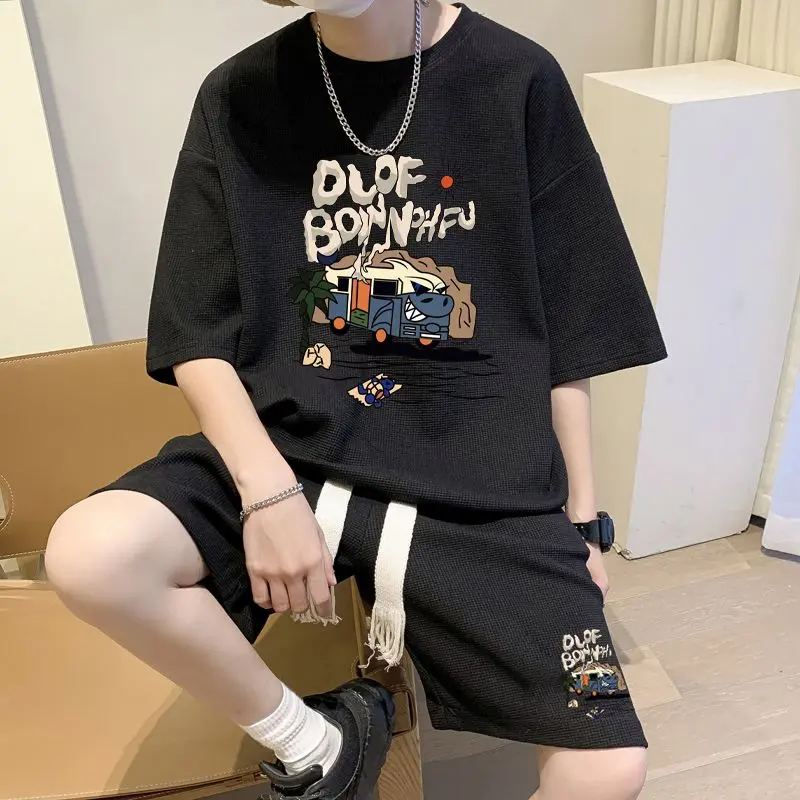 Boys Waffle Suit Teenagers Summer Casual Sports Short Sleeve T-shirt Fashion Brand Fashionable Fifth Pants Two-Piece Sneaker
