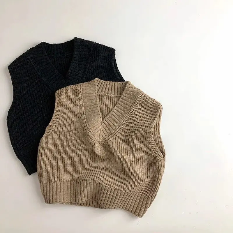 Áo Vest Áo Chui Đầu Dệt Kim, Cổ Chữ V, Phong Cách Hàn Quốc Cổ Điển Thích Hợp Cho Bé Trai Và Bé Gái, Áo Len Thời Trang Cho Trẻ Em, Áo Ghi Lê