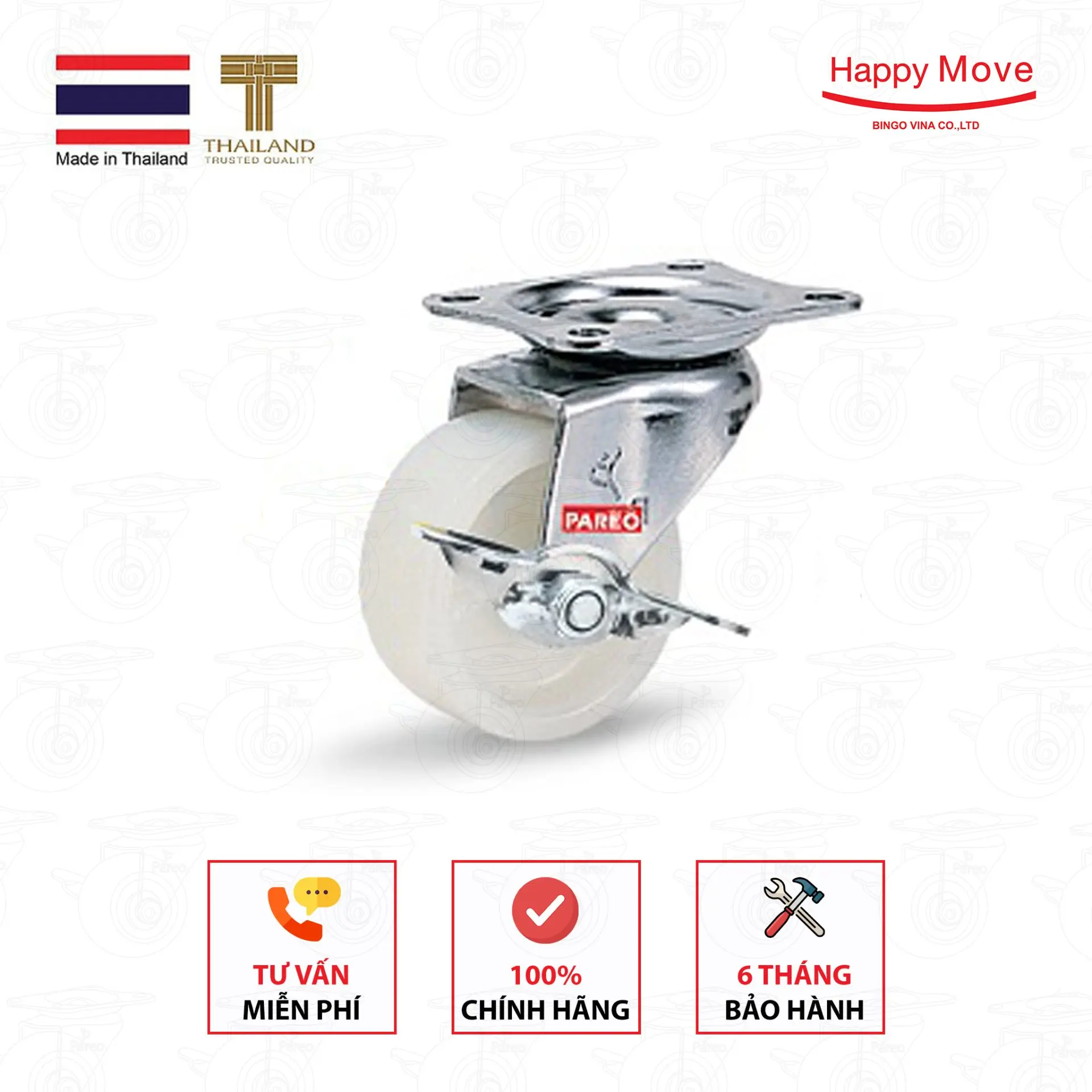 Bánh xe đẩy nylon tải nhẹ càng xoay có khóa - 50-65-75mm - Happy Move Thái Lan