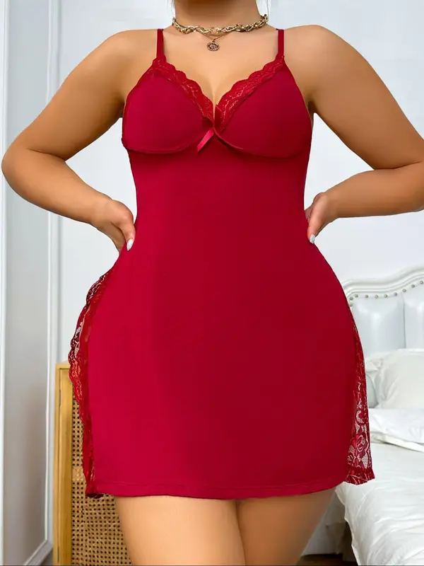 Plus Size Solid Color Lace Trim Split Thigh Design Cami Nightdress, Soft Comfortable Nightgown for Women, Women's Sleepwear for All Seasons 2