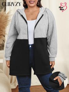 CURVZY Plus Size Colorblock Zip Up Hooded Jacket, Casual Long Sleeve Drawstring Pocket Zipper Outerwear for Spring & Fall, Women's Clothes for Daily Wear