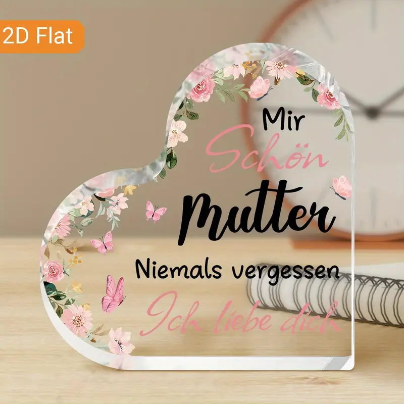 Heart Shaped Acrylic Decorative Plaque, Flower Pattern Desktop Ornament, Birthday Gift for Mom, Home Decor, Desktop Decoration for Living Room Bedroom, Signs 6