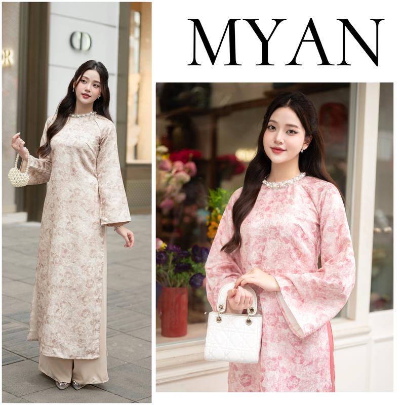 [SẴN HÀNG]Áo dài Minh Châu, áo dài cách tân dáng suông gấm in loang cổ đính kết thủ công cao cấp trẻ trung thanh lịch hot trend 2025, nũ, women dress - Áo Dài Mỹ An