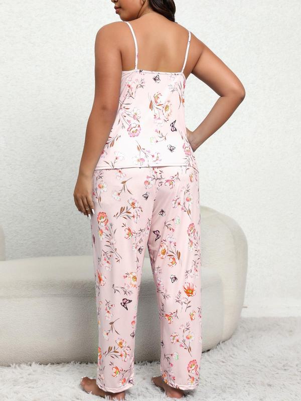 Plus Size Two-piece Set Floral & Butterfly Print Pajamas Set, Casual Cami Top & Elastic Waist Pants, Women's Plus Size Sleepwear for All Seasons 1