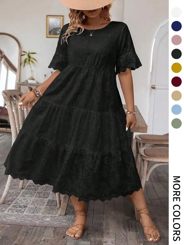 【Plus Size】 Plain Eyelet Embroidery Dress, Casual Bohemian Fashion Round Neck Dress for Daily Holiday Vacation Wear, Women Plus Clothing for Summer, Womenswear, Plus Size Dresses, Plus Size Tummy Flattering Dresses, Floral Lace Dress 4