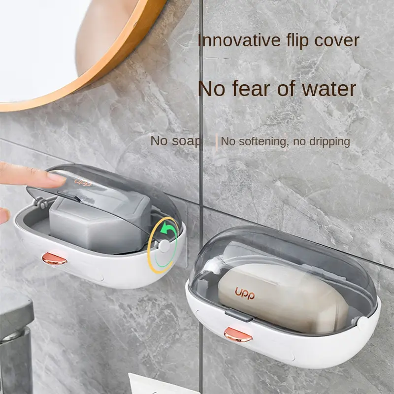 Plastic suction cup flip type soap box, bathroom, non perforated soap box, wall mounted draining soap holder