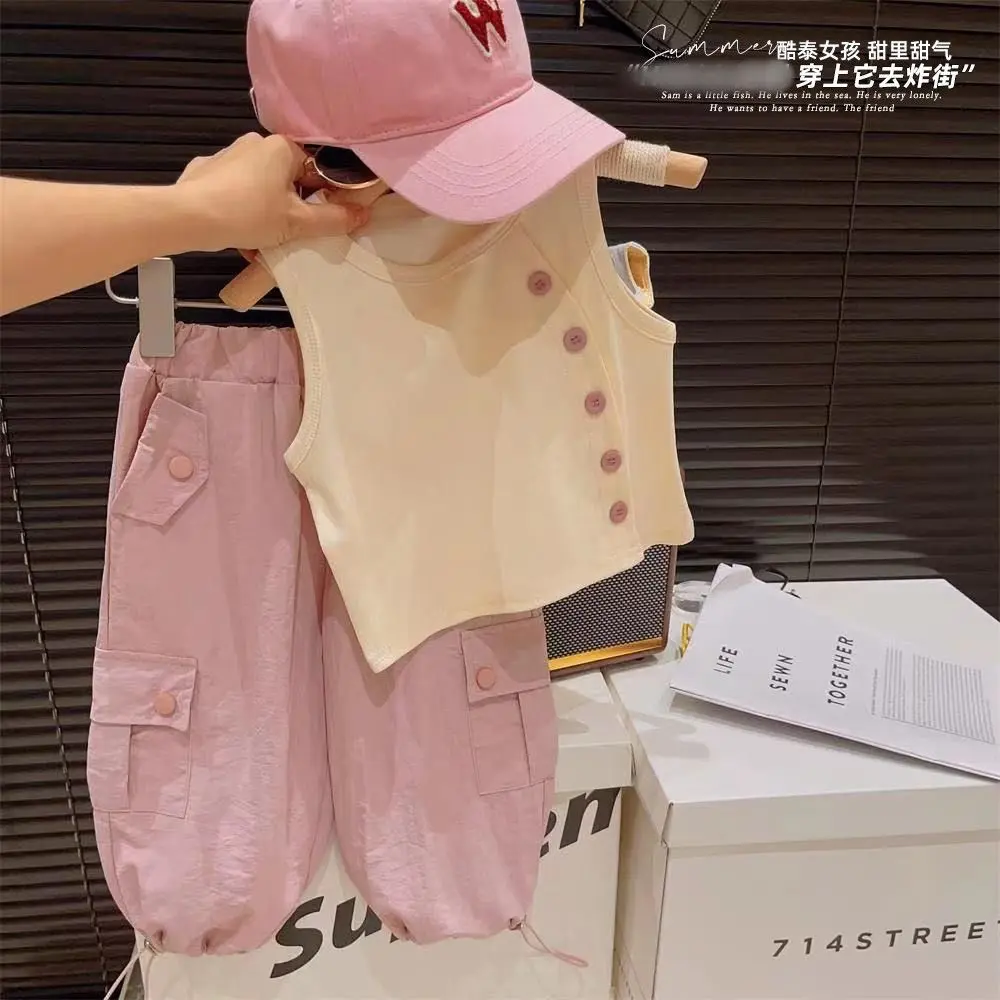 Sut Riadah Gaya Korea, untuk Kanak-kanak Perempuan, Fesyen Baru Musim Panas, Gaya Barat, Baju Atasan Tanpa Lengan, Set Dua Keping Overall